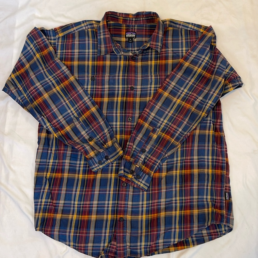 Mens Patagonia Organic Cotton Plaid Button Down Shirt, XL, blue